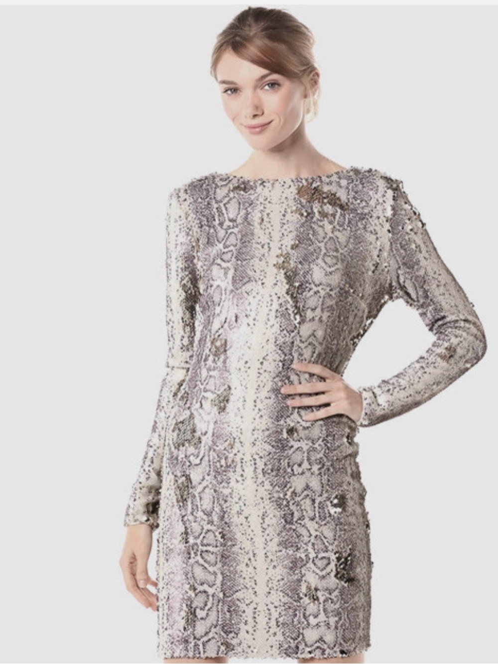 Dress the Population Silver Gray Sequined Snake-Print Long-Sleeve Mini Dress
